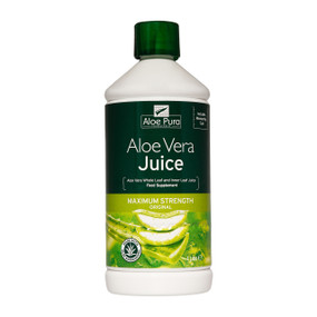 Aloe Pura Aloe Vera Juice Maximum Strength 1000-ml - white plastic bottle with green label;  helps to improve digestion, skin problems & motility in the gut