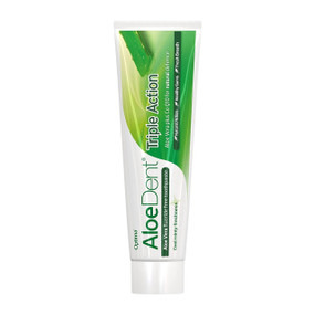 Aloe Dent Triple Action Aloe Vera Toothpaste with CoQ10 - Fluoride Free - 100-ml white & green plastic tube; helps clean, protect, and freshen the mouth