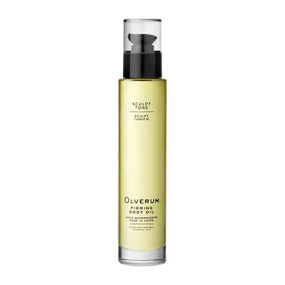 Olverum Firming Body Oil 100ml in a glass bottle with black spray and clear lid. An intensive body sculpting treatment, exactingly formulated with contouring botanicals Grapefruit and Black Pepper for a tightening, toning sensation