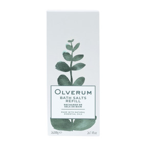 Olverum Bath Salts Refill featuring two 200g recyclable sachets. Designed to reduce packaging waste and extend the life of each jar, the Olverum Bath Salts Refill provides a greener, eco-friendly way to enjoy your favourite mineral soak.