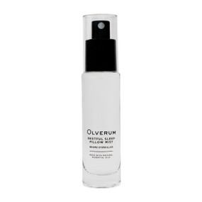 Olverum Restful Sleep Pillow Mist 30ml bottle; this pillow spray for sleep is infused with essential oils to calm, relax, and provide better sleep quality.