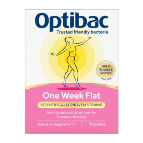OptiBac Probiotics One Week Flat - 7-Sachets white and pink box; a 7-day course of friendly bacteria for anyone looking to take an easy, high quality, short-term supplement.