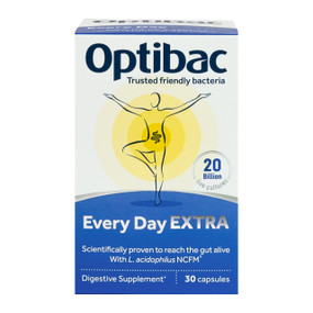 OptiBac Probiotics For Every Day Extra Strength 30 - 30-Capsules white and blue box; a natural probiotic for anyone seeking to rebalance their intestinal bacteria with a high-strength, high-quality probiotic