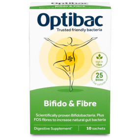 OptiBac Probiotics Bifido & Fibre 10 Sachets - 
green box; maintains a healthy balance of good bacteria and fibre to help bowel regularity