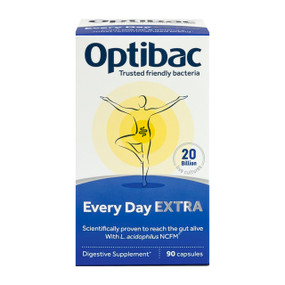 OptiBac Probiotics For Every Day Extra Strength 90 - 90-Capsules white and blue box; An advanced, high-strength daily supplement to complement your body's natural gut bacteria