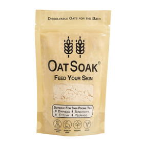 OatSoak 100g in a beige plastic pouch;  The colloidal oatmeal bath is soothing and is suitable for those with skin prone to eczema, dry skin, dermatitis, and psoriasis