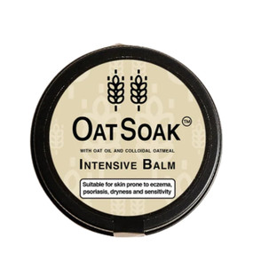 OatSoak Natural Intensive Balm 60ml in a black tin & beige label; 100% natural oat moisturiser ideal for dry, sensitive, eczema and psoriasis-prone skin