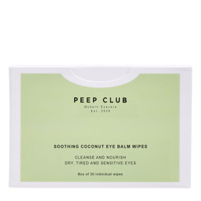 Peep Club Soothing Coconut Eye Balm Wipes - green cardboard box including 30 individual wipes. Travel-friendly and biodegradable wipes for eyes, Peep Club Soothing Coconut Eye Balm wipes remove makeup and soothe dry, tired, and sensitive eyes. Formulated with raw virgin organic coconut oil and calming chamomile.Formulated with raw virgin organic coconut oil and calming chamomile.