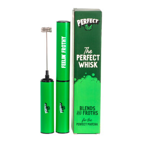 The PerfectTed Whisk - green carton box with a stainless steel whisk; a handy and practical handheld frother designed to stir not only matcha powder but also milkshakes, coffee, smoothies, drinks, and egg whites