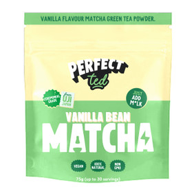 PerfectTed Vanilla Bean Matcha Powder 75g in a green & yellow plastic pouch; rich in amino acids, antioxidants, and slow-release caffeine for optimised all-day energy