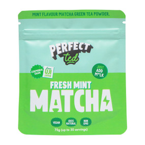 PerfectTed Fresh Mint Matcha Powder 75g in a green pouch; rich in amino acids, antioxidants, and slow-release caffeine for optimized all-day energy