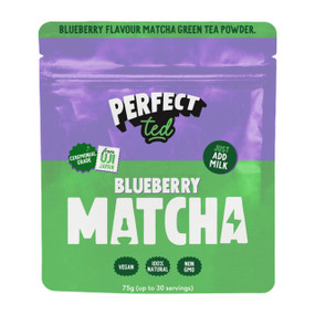 PerfectTed Blueberry Matcha Powder 75g in a purple and green plastic pouch; Experience the unique blend of premium ceremonial-grade matcha and natural blueberry flavour with PerfectTed Blueberry Matcha Powder.