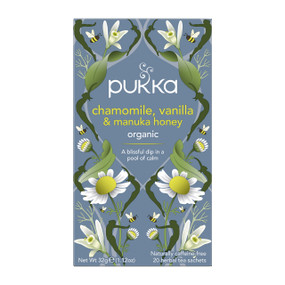 Pukka Herbs Chamomile, Vanilla & Manuka Honey Tea -  20-Tea Bags  floral design blue box; has relaxing properties