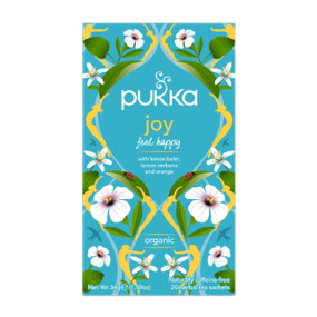 Pukka Joy Tea - 20 organic, caffeine-free herbal tea bags in a blue carton box. A soothing, uplifting blend of lemon balm, lemongrass, lavender & rose