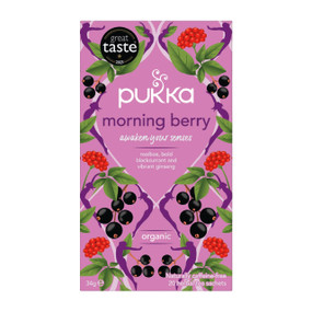 Pukka Morning Berry Tea – 20 tea bags in a pink & purple carton box; this vibrant, caffeine-free herbal blend of berries and herbs is organic, vegan-friendly, and perfect for a refreshing start to the day