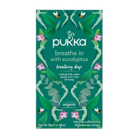 Refresh the senses with Pukka Breathe In herbal tea - 20 tea bags in a green carton box; This organic, caffeine-free blend of mint, eucalyptus, ginger, and honey naturally supports respiratory wellbeing.