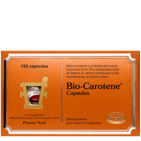 Pharma Nord Bio-Carotene - 150-Capsules copper coloured box; provides 9-mg of beta carotene, vitamin A activity 1500iu, which helps maintain healthy skin and helps maintain the health of the eyes.