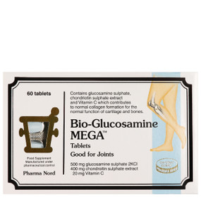 Pharma Nord Bio-Glucosamine Mega - 60-Tablets white box; a combined supplement with the benefits of glucosamine and chondroitin intended for supporting cartilage and bones.