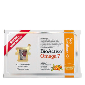 Pharma Nord Omega 7 Sea Buckthorn Oil - 60-Capsules white box; SBA24 formulation from berries and seeds of the Sea Buckthorn plant providing Omega-7 for thousands of people across the UK for dry eyes, dry mouth and intimate dryness.