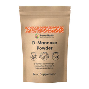 Power Health D-Mannose Powder - 50-Grams brown paper pouch ; helps to treat cystitis, urine infections, UTI's and bladder infections quickly and safely.