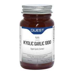 Quest Vitamins Kyolic Garlic Extract 1000mg - 60-Tablets brown amber glass bottle with white and grey label; this odourless garlic supplement provides 1000mg of aged garlic extract for healthy heart & immune system.