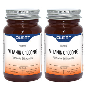 Quest Vitamins Vitamin C Timed Release Twin Pack - 2 x 90-Tablets glass amber jar with white and brown label; provide 1000mg of Timed Release VITAMIN C designed to achieve prolonged saturation of body tissues.