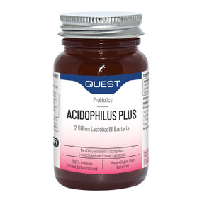 Quest Vitamins Acidophilus Plus *** - 90-Capsules glass amber jar with white and brown label; provides a spectrum of friendly lactic bacteria which inhabit the healthy gut