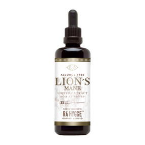 Rå Hygge Lion's Mane Liquid Extract - 100ml in a black glass dropper bottle with white label.