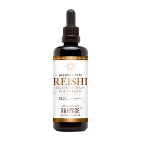 Rå Hygge Reishi Liquid Extract - 100ml in a black glass dropper bottle with white label: alcohol-free reishi mushroom supplement designed to harness the full spectrum of benefits from the mushroom spore heads which contain the active compounds, and not the mycelium