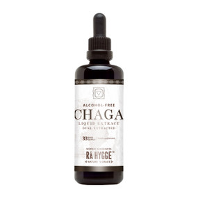 Rå Hygge Chaga Liquid Extract - 100ml in a black glass dropper bottle with white label: a premium, alcohol-free supplement in tincture designed to harness the full spectrum of benefits from chaga mushroom