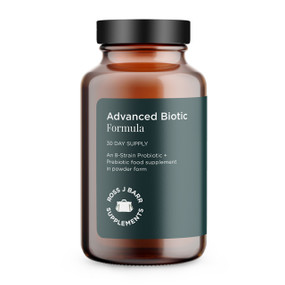 Ross J. Barr Advanced Biotic Formula - 100-Grams brown glass jar with dark green label; a powdered multi-strain probiotic supplement to help ensure a harmonious digestive system
