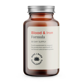 Ross J. Barr Blood & Iron Formula - 60-Capsules amber glass jar with white label; supports blood health by delivering 5mg of iron as well as 56.25mg of vitamin C, which assist in iron uptake
