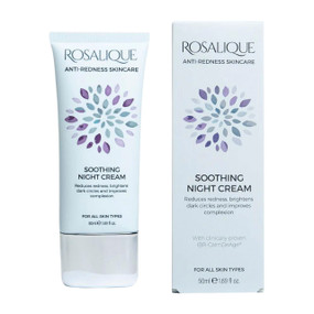 Rosalique Soothing Night Cream, 50 ml, in a blue plastic tube and blue cardboard box; designed for sensitive and redness-prone skin and minimises redness, brightens dark circles, and enhances your complexion while offering intense moisture.