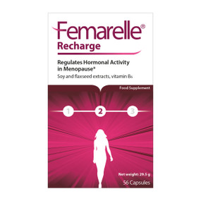 Femarelle Recharge - 56-Capsules box; a unique supplement for the alleviation of menopausal symptoms including hot flushes, palpitations, anxiety, depression, weight gain, low libido, poor memory and night sweats.