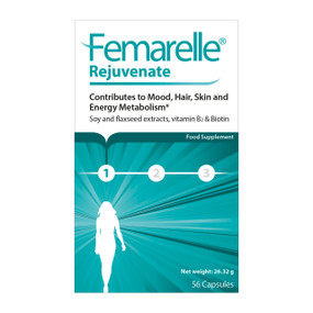 Femarelle Rejuvenate - 56 Capules box; contains a blend of vitamins in a supplement for perimenopause to help support good health and wellbeing.