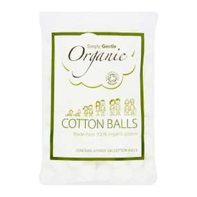 Simply Gentle Organic Cotton Balls - 100-Balls front image; These 100% Organic Cotton Balls clear plastic bag with approximately 100 cotton balls.