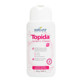Salcura Topida Intimate Hygiene Wash  - 200-ml white plastic tube; Topida is a gentle, natural daily wash especially formulated for those affected by dryness, itchiness, thrush, or other vaginal discomforts.