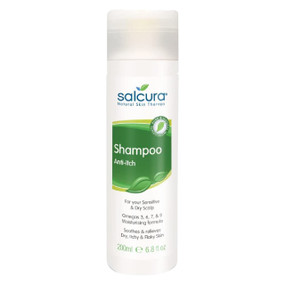 Salcura Omega Rich Shampoo - 200-ml - white plastic bottle front image; a nourishing and moisturising scalp shampoo that sooths and restores dry, itchy, irritable, flaky, scaly and aggravated skin.