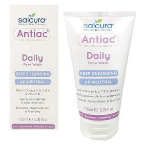 Salcura Antiac Daily Face Wash - 150-ml shite plastic tube and bottle, front image; Formulated for those with mild blemishes, Salcura Antiac Daily Face Wash eliminates impurities without drying acne-prone and oily skin.