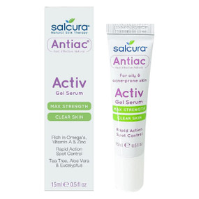 Salcura Antiac Activ Gel Serum - 15-ml white plastic tube and box; A brilliant acne treatment for stubborn spots, Antiac Active Gel Serum targets blackheads, whiteheads and pimples, delivering results within just four hours.