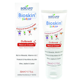 Salcura Bioskin Junior Outbreak Rescue Cream - 50-ml tube; a natural therapy for targeting flare-ups in babies and children prone to eczema and severe skin dryness.
