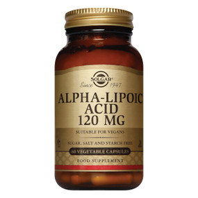 Solgar Vitamins Alpha Lipoic Acid 120mg - 60-Capsules amber glass bottle with gold label and lid; provides this highly prized antioxidant to neutralise free radicals