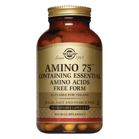 Solgar Vitamins Amino 75 90-capsules  - amber glass jar with gold label and gold lid;  provides eight essential amino acids for growth, repair & metabolism