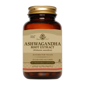 Solgar Vitamins Ashwagandha Root Extract - 60-Capsules amber glass bottle with gold label and gold lid; helps enhance energy and relax the mind.