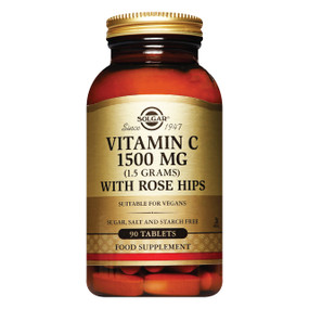 Solgar Vitamins  Vitamin C With Rose Hips 1500mg 90-tablets - amber glass bottle; a high strength vitamin C supplement suitable for vegans
