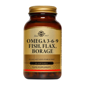 Solgar Vitamins Omega 3-6-9 - 60-Softgels brown amber glass jar with gold label; sugar, salt and starch free