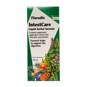 Floradix IntestCare - 250-ml bottle in a box;  Contains magnesium, apple-plum extract and fruit juice concentrates.  Turmeric helps to support the digestion.