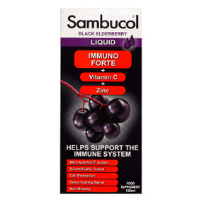 Sambucol Immuno Forte Liquid - 120-ml glass bottle; front image helps support the immune system in order to fight infections such as colds and flu