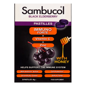 Sambucol Immuno Forte Pastilles - 20-Pastilles front image; packed full of Vitamin C and Zinc which helps to support the immune system.