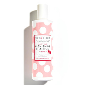 Spots & Stripes Happy Hair High-Shine Shampoo For Girls - 250-ml white plastic tube with pink & white dots label; a gentle and effective shampoo for girls.